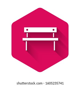 White Bench icon isolated with long shadow. Pink hexagon button. Vector Illustration