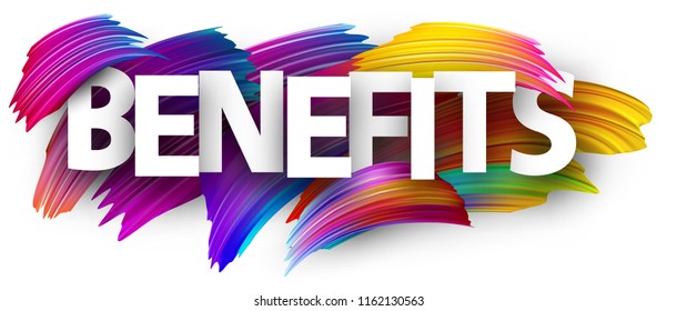 White benefits poster with spectrum brush strokes on white background. Colorful gradient brush design. Vector paper illustration.
