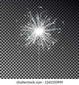 White bengal fire. New year sparkler candle isolated on transparent background. Realistic vector light effect. Party backdrop. Sparkler vector. Magic light. Winter Xmas decoration illustration.