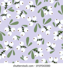 White berries seamless pattern on branches, purple background color. For the design of greeting cards, wallpaper, holiday wrapping paper, shop advertisements, bags, covers, textile fabric, clothing