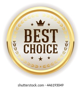 White best choice button, badge with gold border on white background