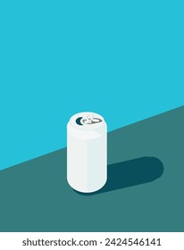 White beverage can on blue and green background. Vector illustration.