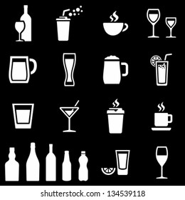 White beverages icons on black background