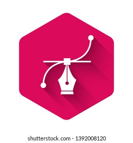 White Bezier curve icon isolated with long shadow. Pen tool icon. Pink hexagon button. Vector Illustration