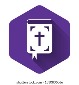 White Bible book icon isolated with long shadow. Holy Bible book sign. Purple hexagon button. Vector Illustration