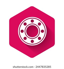 White Bicycle ball bearing icon isolated with long shadow. Pink hexagon button. Vector