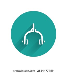 White Bicycle brake calipers dual pivot icon isolated with long shadow. Bicycle brake wire. Green circle button. Vector