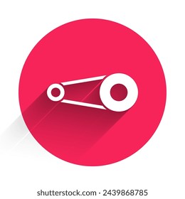 White Bicycle chain with cogwheels icon isolated with long shadow. Bike chain sprocket transmission. Red circle button. Vector