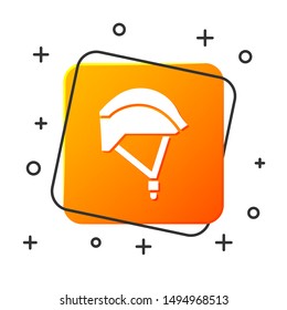White Bicycle helmet icon isolated on white background. Extreme sport. Sport equipment. Orange square button. Vector Illustration
