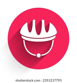 White Bicycle helmet icon isolated with long shadow. Extreme sport. Sport equipment. Red circle button. Vector