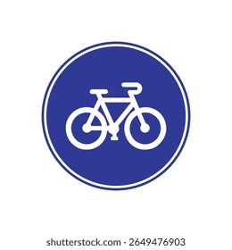 Um ícone de bicicleta branca é centralizado dentro de um círculo azul com uma borda branca, criando um sinal simples, limpo e informativo.