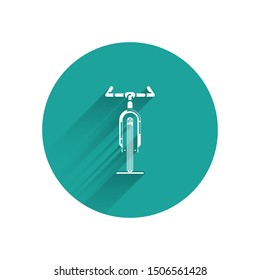 White Bicycle icon isolated with long shadow. Bike race. Extreme sport. Sport equipment. Green circle button. Vector Illustration