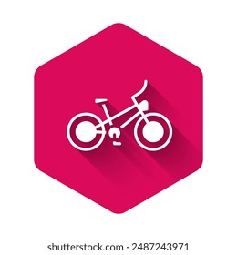 White Bicycle icon isolated with long shadow. Bike race. Extreme sport. Sport equipment. Pink hexagon button. Vector