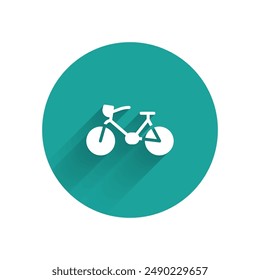 White Bicycle icon isolated with long shadow. Bike race. Extreme sport. Sport equipment. Green circle button. Vector