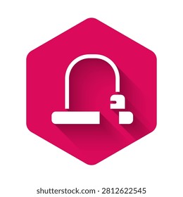 White Bicycle lock U shaped industrial icon isolated with long shadow. Pink hexagon button. Vector