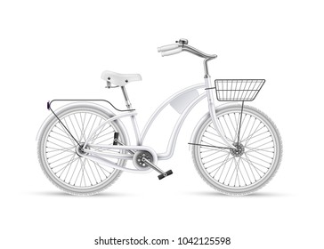 White bicycle mockup. Realistic vector vintage bike with basket. 3d detailed photo-realistic illustration isolated. Sport activity, lifestyle, summer eco transportation object for design
