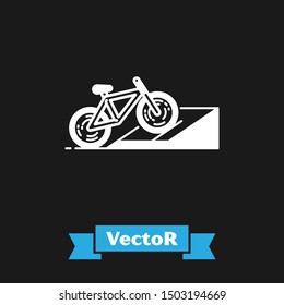 White Bicycle on street ramp icon isolated on black background. Skate park. Extreme sport. Sport equipment.  Vector Illustration