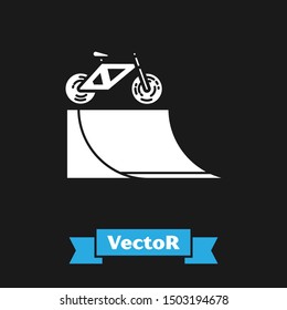 White Bicycle on street ramp icon isolated on black background. Skate park. Extreme sport. Sport equipment.  Vector Illustration