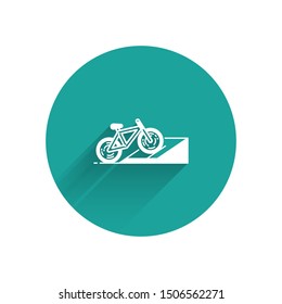 White Bicycle on street ramp icon isolated with long shadow. Skate park. Extreme sport. Sport equipment. Green circle button. Vector Illustration