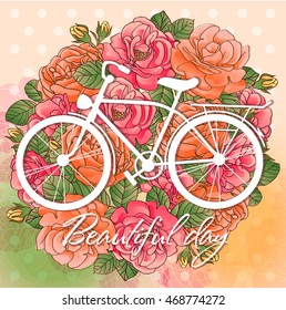 White bicycle silhouette. Background rose. Bloom. Vector.
