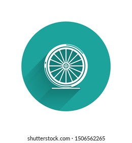 White Bicycle wheel icon isolated with long shadow. Bike race. Extreme sport. Sport equipment. Green circle button. Vector Illustration