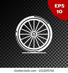 White Bicycle wheel icon isolated on transparent dark background. Bike race. Extreme sport. Sport equipment.  Vector Illustration