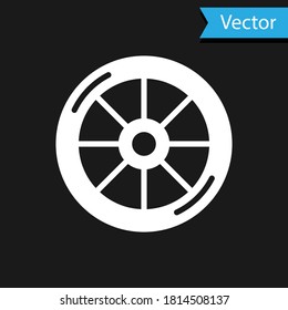 White Bicycle wheel icon isolated on black background. Bike race. Extreme sport. Sport equipment. Vector.