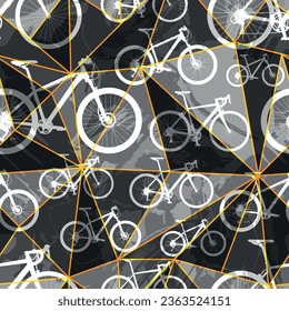 White bicycles seamless pattern over geometric triangles water color effect at background