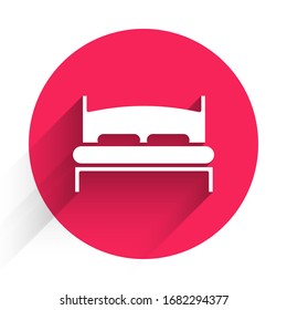 White Big bed for two or one person icon isolated with long shadow. Red circle button. Vector Illustration