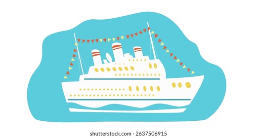White big cruise ship decorated with a garland of colored flags on a blue background. Vector illustration. Sea elements for greeting cards, decoration, magazines, banners, menu, patterns and designs