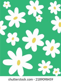 White big daisies, flowers that inspire, spring has come. Flowers of happiness. A simple vector and charming drawing. Green background. Have a good day.