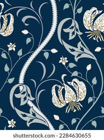 White big lily seamless pattern on dark blue background. Vector illustration.