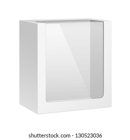 White Big Product Package Box With Window. Blank On White Background Isolated. Ready For Your Design. Product Packing Vector EPS10