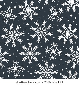 White big and small snowflakes in a seamless pattern on a dark gray background