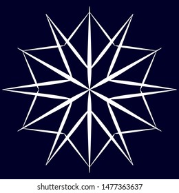 White big snowflake in linear style on blue background. Winter or space logo. Icon for design themes of winter, cold, space.