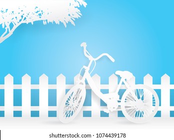 White bike under the tree paper art icon on blue banner background, bicycle and tree logo card travel printing template. Transport and wooden fence backdrop in bright cyan wallpaper.
