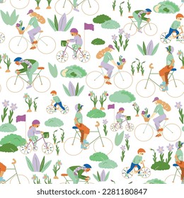 White Biking outdoors seamless background pattern. Spring vector pattern with women, men, and kids biking outside