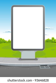 White Billboard On Urban Background/ Illustration of a cartoon landscape with billboard for advertisement background