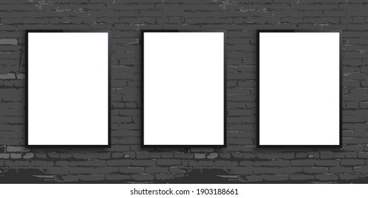 White billboards on grey brick wall background. Blank poster or display banners on brickwall vector illustration. Template advertising or exhibition boards on old urban building.
