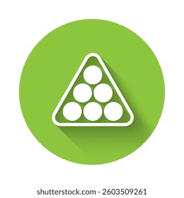 White Billiard balls in a rack triangle icon isolated with long shadow. Green circle button. Vector