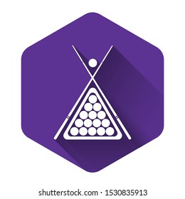 White Billiard cue and balls in a rack triangle icon isolated with long shadow. Purple hexagon button. Vector Illustration