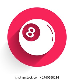 White Billiard pool snooker ball with number 8 icon isolated with long shadow. Red circle button. Vector