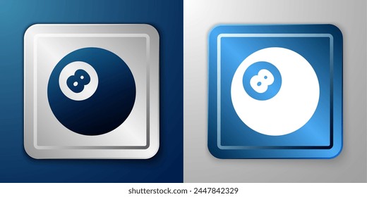 White Billiard pool snooker ball with number 8 icon isolated on blue and grey background. Silver and blue square button. Vector