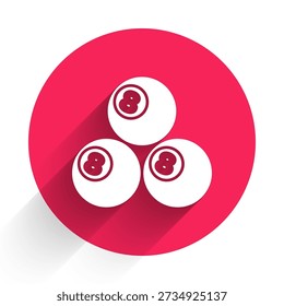 White Billiard pool snooker ball with number 8 icon isolated with long shadow. Red circle button. Vector