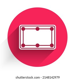 White Billiard table icon isolated with long shadow. Pool table. Red circle button. Vector