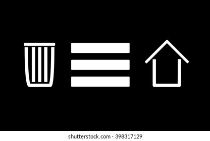 White bin, menu and home icons
