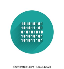 White Binary code icon isolated with long shadow. Green circle button. Vector Illustration