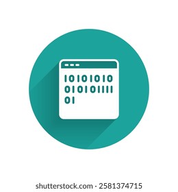 White Binary code icon isolated with long shadow. Green circle button. Vector