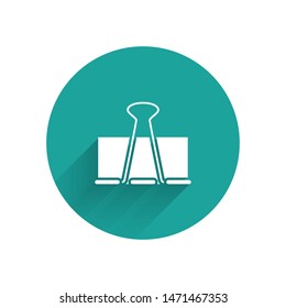 White Binder clip icon isolated with long shadow. Paper clip. Green circle button. Vector Illustration