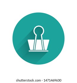 White Binder clip icon isolated with long shadow. Paper clip. Green circle button. Vector Illustration